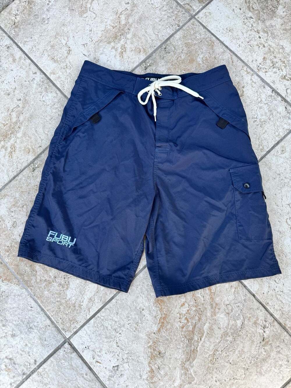 FUBU Sport Vintage The Collection Nylon Cargo Swim Board Shorts Blue Size 36